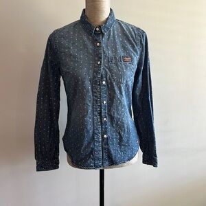 Super dry size small jean button down with stars and “sd” print